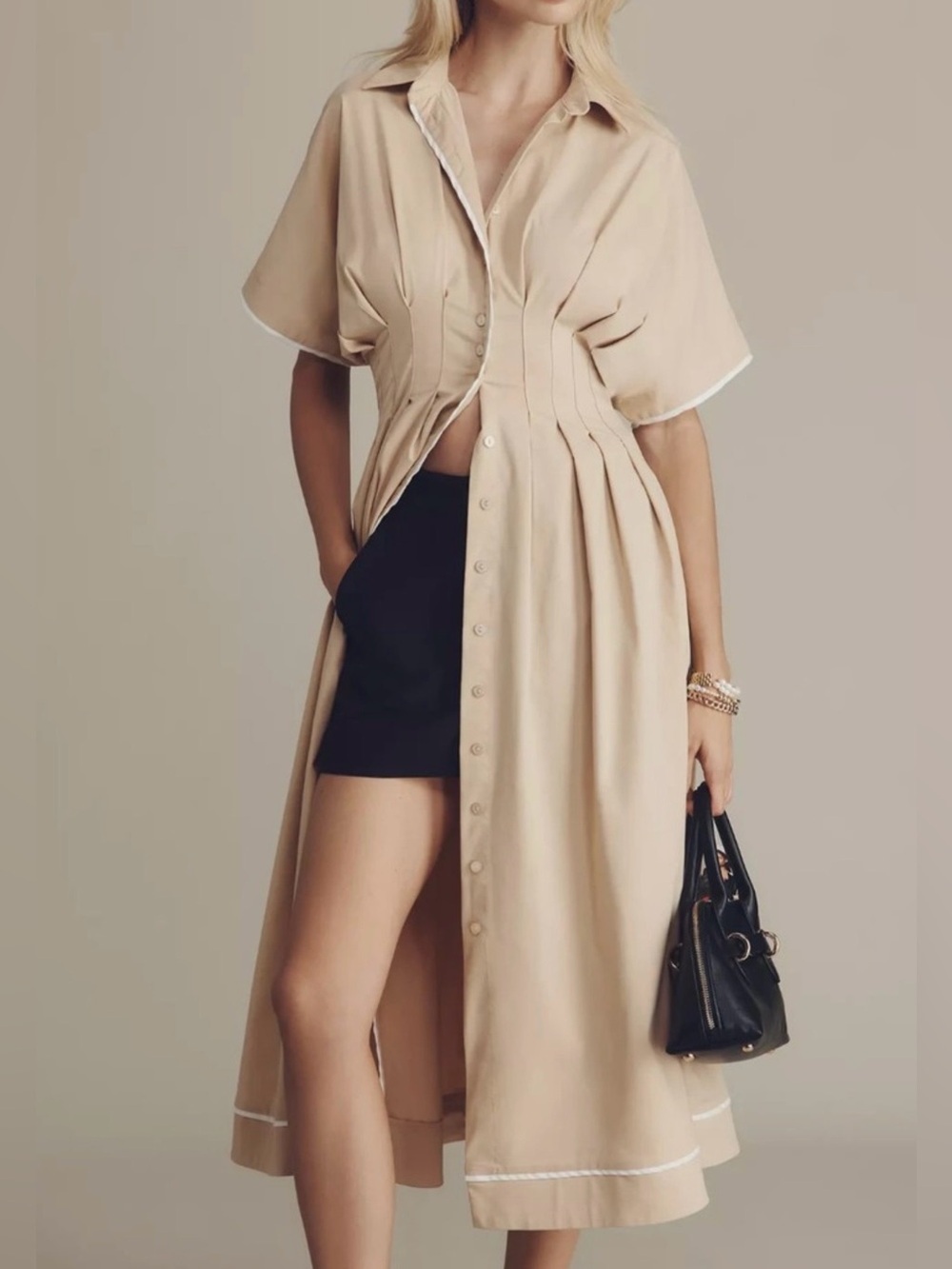 Exquise by Anthropologie Tobie Shirt Dress Beige White Light Sand Size Large. A1
